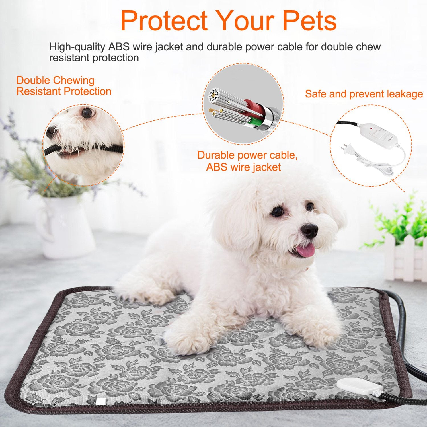 1Pc Pet Heating Pad Dog Cat Electric Heating Mat Waterproof Adjustable Warming Blanket With Chew Resistant Steel Cord Case